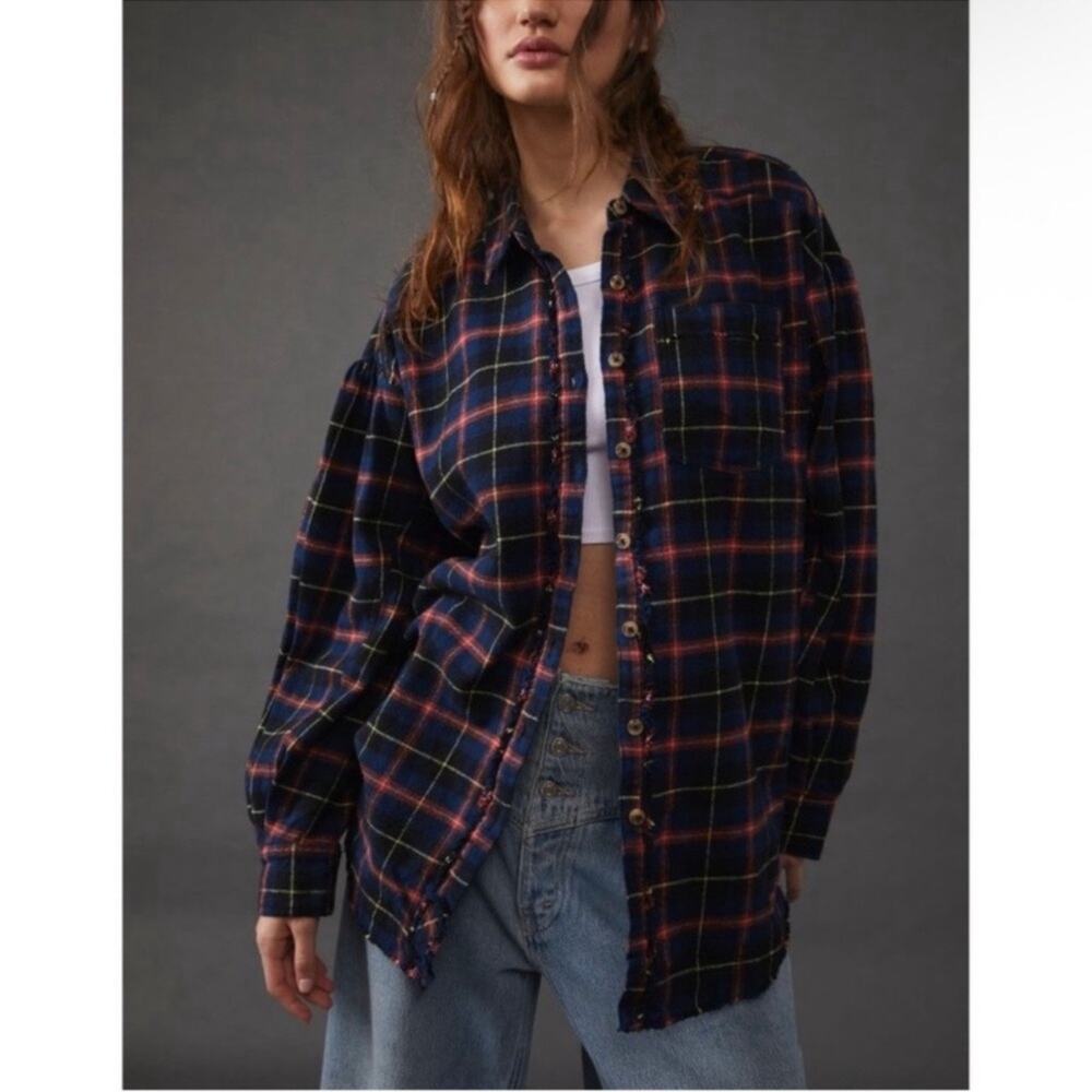 We The Free Happy Hour Navy Lagenlook Oversized Plaid Flannel Shacket XL
